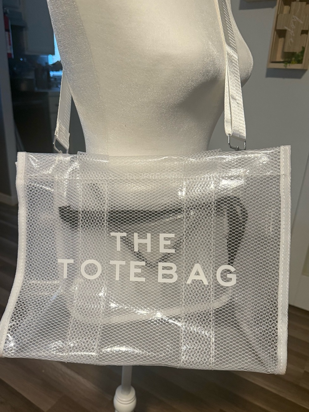 White Mesh Tote Bag with 'THE TOTE BAG' Logo - Clear Statement Bag